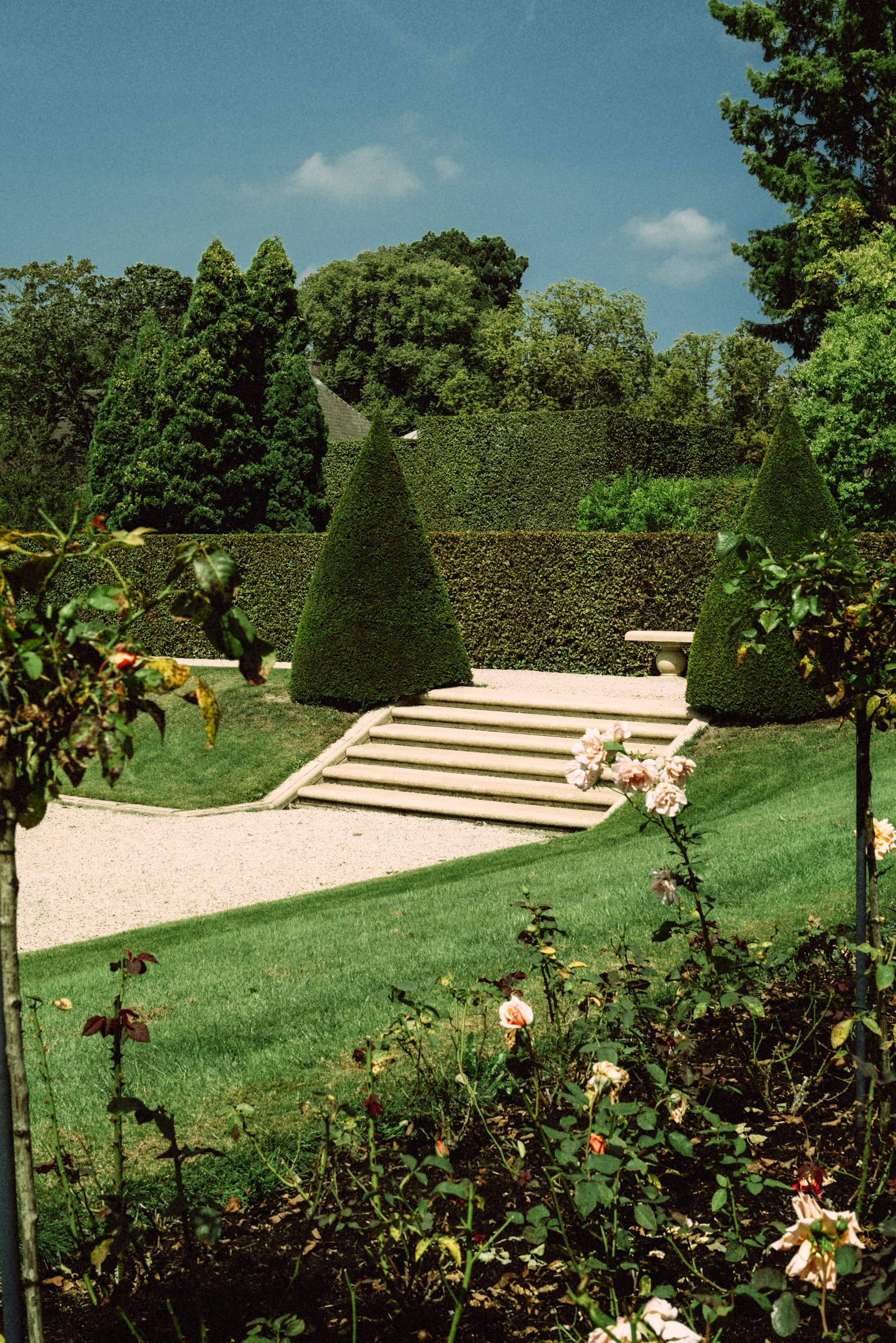 Manicured Minnesota garden with limestone rocks, mulch beds, and ornamental grasses